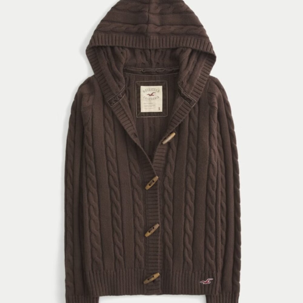 Hollister Co. Holiday Vault Release Hooded Cable-Knit Toggle Cardigan BROWN - XL